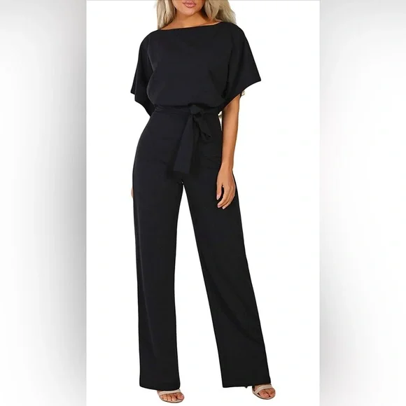 NWOT Women Casual Loose Short Sleeve Belted Wide Leg Pant Romper Jumpsuits Black - Picture 2 of 5